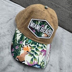 Lucky 7 USA Miami Beach Hat Women Size 7 Tan Tropical Floral Excellent Burlap